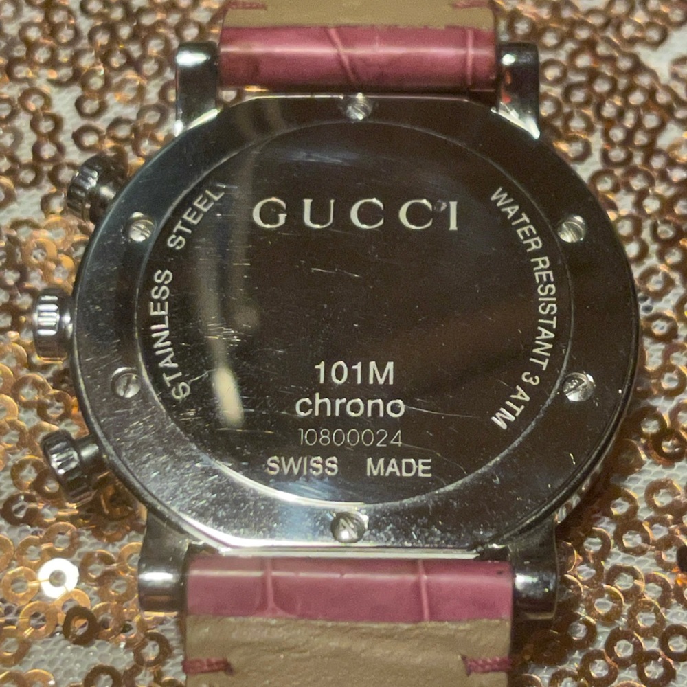 AUTHENTIC GUCCI rare watch w/ genuine pink alligator strap & diamond face. - Picture 5 of 9